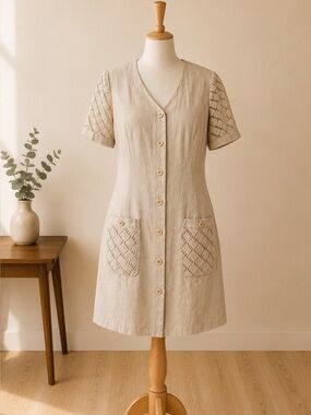 Vintage Emotions Exclusif Linen Look Crochet Button Front Dress Beige Size 7
